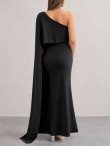 Sleeveless Asymmetric Neckline Knit Maternity Dress, Long Mermaid Hem Fitted Design, High Stretch Fabric