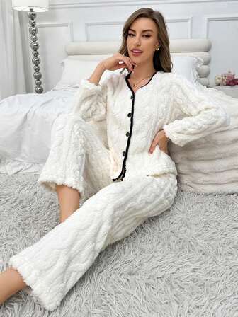 2pcs Women Winter Long Sleeve Top & Pants Fluffy Pajama Set, Jacquard Fleece Casual Loungewear