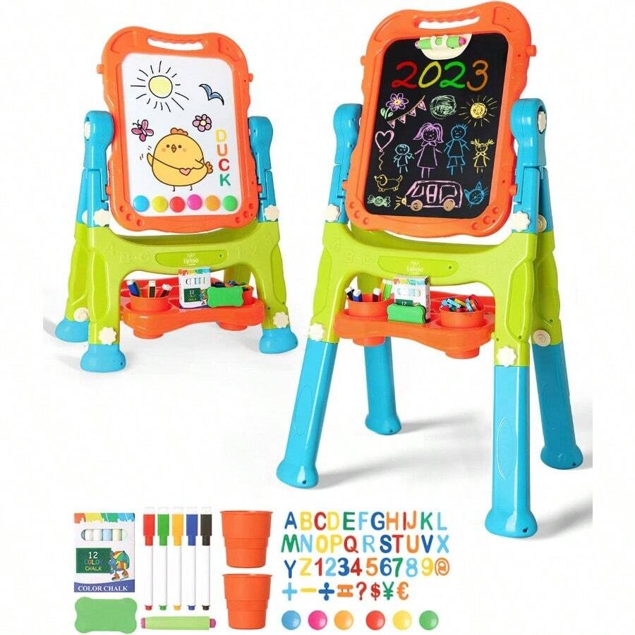 4 In 1 Easel Set For ' Art Easels Height Adjustable White And Black Board Double Side 360° Rotation Chalk And Magnet Available With Writing And Drawing Supplies Green