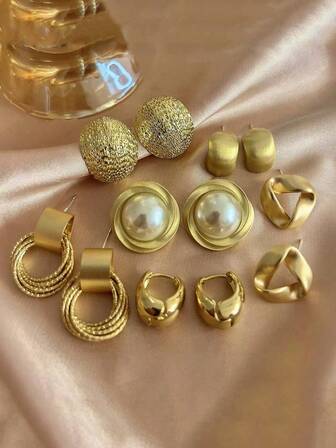 6 Pairs Of Minimalist, Fashionable, Compact, New Hong Kong-Style Earrings, Vintage Triangular Geometric Faux Pearl Twisted Earrings, Light Luxury Matte High-End Personalized Earrings Set, Suitable For Ladies To Wear Daily And For Festivals