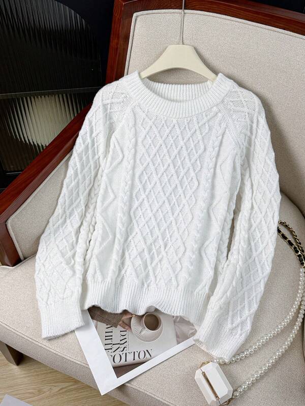 Suéter holgado de punto de cuello redondo de unicolor casual para mujer, tejido texturizado, adecuado para otoño/invierno, Navidad