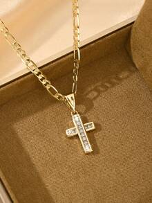 1pc Copper Inlaid Zirconia Cross Pendant Necklace, Small Size Suitable For Layering, Suitable For Christmas/Thanksgiving/Halloween/Mother's/Valentine's Day Gifts For Couples/Friends/Believers, Catholic First Communion, Gifts, Daily And Holiday Wear Prayer - Yellow Gold - View 4