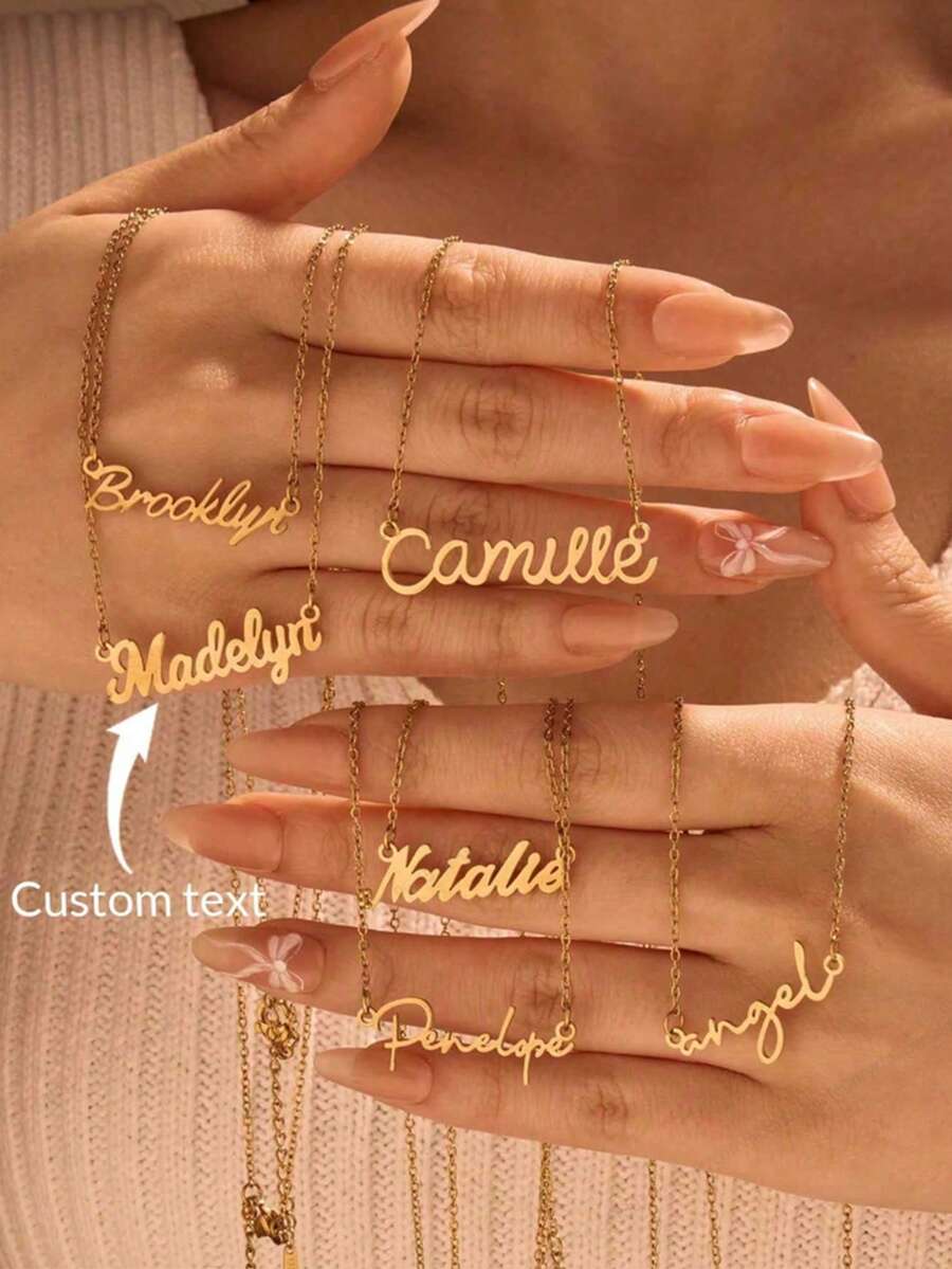 1pc Elegant Customized Gold Stainless Steel Name Necklace - 5 Font Styles Available, Suitable For Mother's Day, Valentine's Day, Birthday, Wedding, Graduation Ceremony And Other Occasions - Multicolor - View 1
