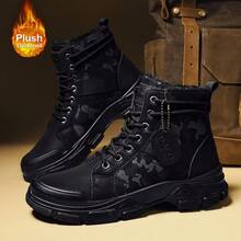 Men's 2025 New Autumn And Winter English Style Thick Soled High Top Motorcycle Boots Men's Fleece And Thick Work Shoes Snow Boots - 黑色 - 查看 16