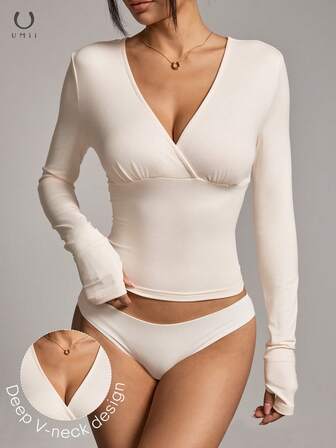 Sexy V-Neck Long Sleeve Fitted Waist Cream Color Niche Fashionable Blouse