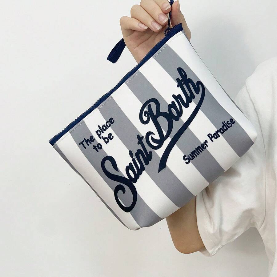 Integrated Travel Toiletry Bag, S-S-Aint B-B-Arth Material, Portable Striped Toiletry Bag, Makeup Bag, Handbag, Makeup Pouch, Waterproof Travel Bag, Zippered Travel Organizer, Lightweight Makeup Case, Unisex Travel Gift - 灰白 - 查看 1