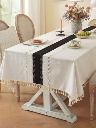1 pieza Mantel de unicolor estilo bohemio, Camino de mesa tejido a rayas negras con flecos, Mantel rectangular para decoración de cocina y comedor, Adecuado para boda al aire libre, Fondo de fotografía de unicolor, Uso diario, Festival, Fiesta de cumpleaños, Decoración del hogar, Artículo esencial para un nuevo hogar, Apto para todas las estaciones