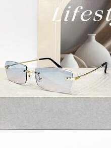 1副复古无框矩形眼镜，简约时尚男女通用眼镜，适合派对、街头风、朋克风等场合。 - 彩色 - 查看 5