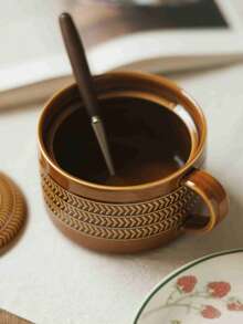 540ml Handled Bowl With Lid, Japanese Kiln-Fired Glaze Embossed Texture, Large Capacity Cup With Lid, Suitable For Pasta, Rice, Breakfast Oatmeal, Ceramic Lard Pot