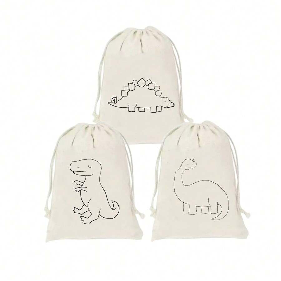 6pcs/Pack Minimalist Line Dinosaur Pattern Drawstring Bags, Lightweight Party Gift Bags, Baby Shower First Birthday Party Favor Bags For Kids Celebrations, Special Events And Gatherings - Beige - View 1