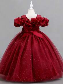 Girls' 3D Floral Off-Shoulder Embroidered Tulle Party Dress, Princess Dress For Birthday Party, Performance, Piano Recital - Burgundy - View 7