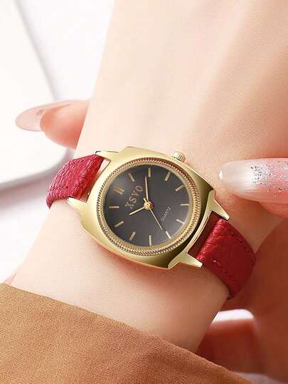 1pc Elegant Minimalist Chic Red Leather Quartz Watch, Ideal Holiday Gift