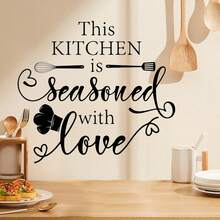 1pc Black Kitchen English Slogan Wall Sticker "This Kitchen Is Full Of Love", Waterproof Removable PVC Self-Adhesive Wall Decal, Suitable For Kitchen, Dining Room, Home Wall Decor, Size 11.8*23.6inch - Black - View 2