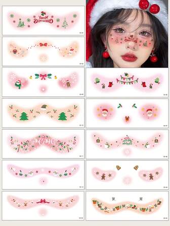 （12片/套）圣诞腮红临时纹身贴纸，卡通可爱圣诞妆容装饰，适合派对，包含各种圣诞元素，如圣诞树、雪花、铃铛、礼物、雪人、拐杖糖、蝴蝶结等。非常适合与朋友一起装饰或作为圣诞礼物。