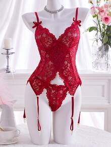 New Women's Sexy Lingerie Set Adjustable Straps, Single-Row Hook-And-Eye Closure, Bow-Tie Trim, Triangle Cups, Backless Slit Top & Sexy Triangle Panties Comfortable Homewear Lace Temptation Underwear Set - Burgundy - View 6