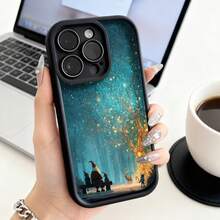 Cubierta de teléfono con borde negro diseño de bosque mágico con árbol brillante y figuras navideñas azul turquesa para uso diario y oficina - Negro - Ver 1