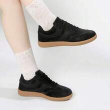 أحذية كاجوال متعددة الوظائف للنساء، أحذية رياضية كاجوال بنعل مطاطي مقاوم للانزلاق وأربطة، لون متناسق للاستخدام اليومي، مقاس 36-41، عصرية - الأسود - مشاهدة 4