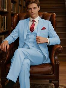 Mens Slim Fit 3 Piece Suit Blazer Vest And Pants Set Tailored Peak Lapel One Button Blazer Double Breasted Vest Sharp Modern Gentleman Look For Prom Wedding Grooms Business Office Parties XS To 5XL Effortless Power Style - 淺藍色 - 查看 5