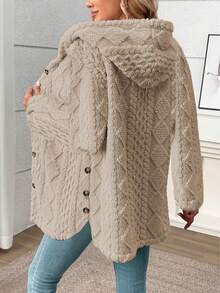 Long Solid Color Diamond Pattern Soft Fleece Front Button Cardigan, Everyday Wear, Autumn/Winter