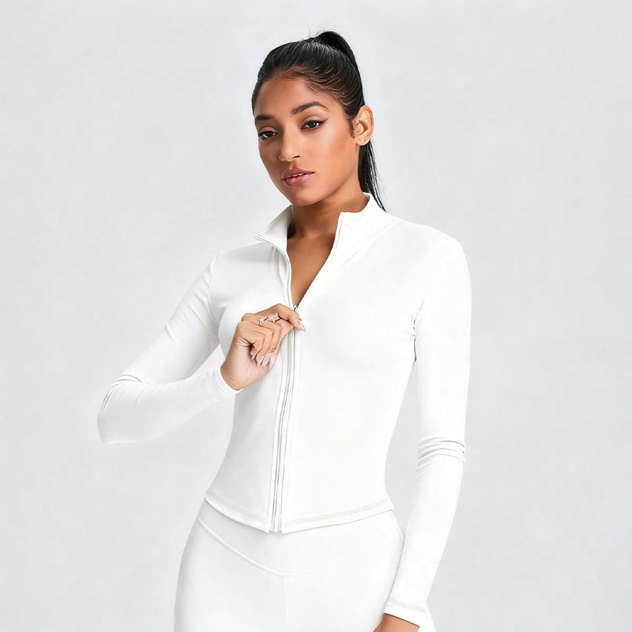 Chaqueta de yoga ajustada y sexy de unicolor para mujer, chaqueta deportiva de primavera para fitness diario, entrenamiento, running y yoga de secado