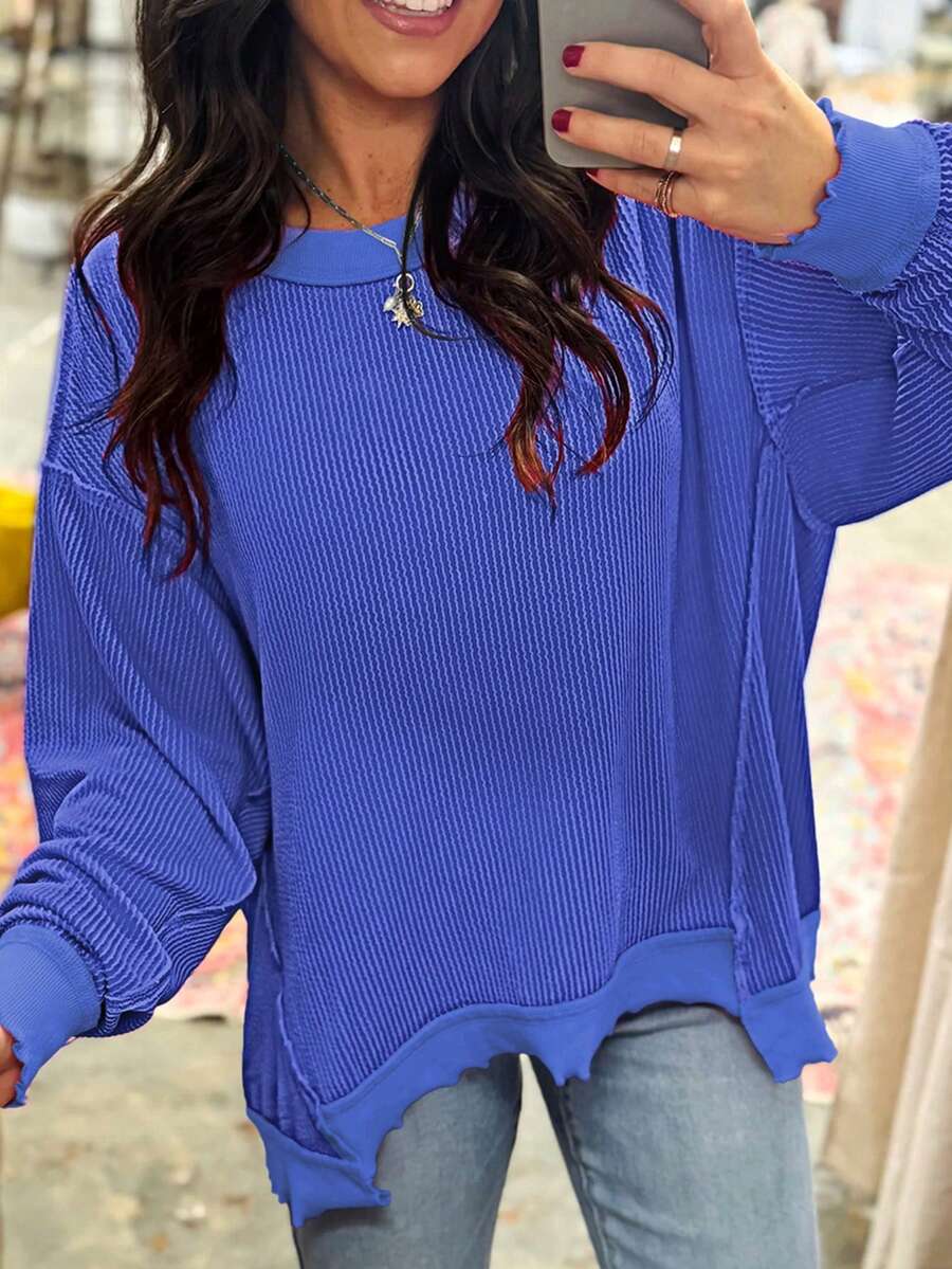 Acelitt Autumn Solid Color Textured Striped Cuffed Long Sleeve Casual Loose Crew Neck T-Shirt Spring - Blue - View 1