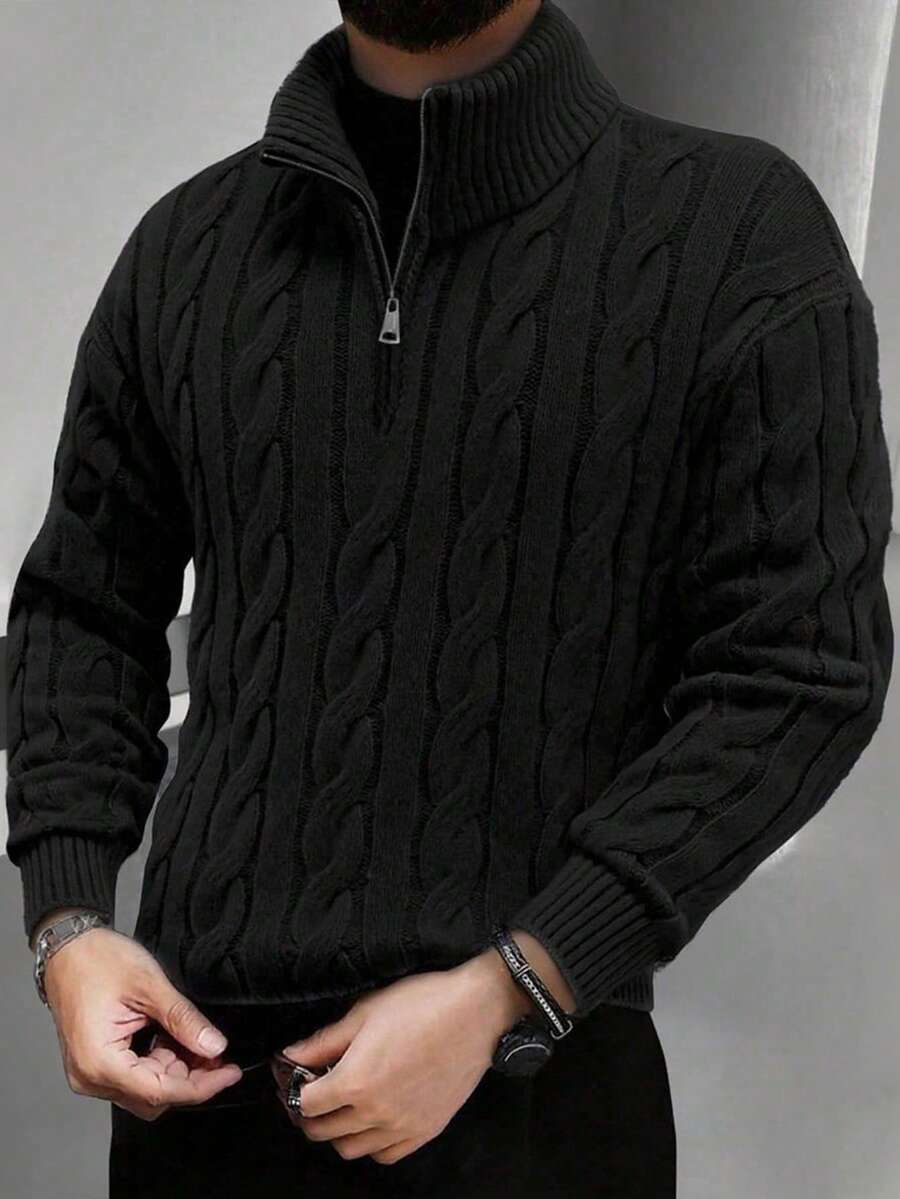 秋冬男士半拉鍊針織 Polo 毛衣,老錢風,純色,百搭通勤穿搭 - 黑色 - 查看 1