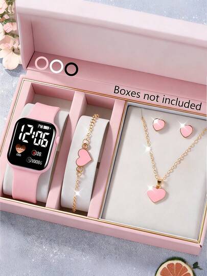 5/1 Stück süßer und stylischer LED-Herzförmiger Digitaluhr, geeignet für Mädchen zum Tragen, ausgestattet mit Herzarmband, Halskette und einem Paar Ohrringe, geeignet für Studenten, sehr geeignet für den Alltag wie Schule, Partys und Reisen. Geburtstagsgeschenke, Abschlusszeit, Valentinstag, Weihnachten, perfekte Geschenke für Mädchen