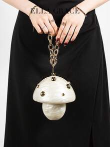 Playful White Mushroom Shaped Acrylic Clutch Bag With Gold Chain And Rivets, Suitable For Theme Parties And Amusement Park Outings