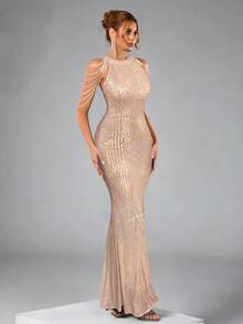 Elisanya Women's Elegant Sequin Mermaid Halter Evening Gown - Apricot - View 7