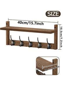Wall Mounted Hook With Shelf - Wooden Entryway Storage Rack With 5 Double Hooks, Vintage Wall Hanging Coat Rack, Suitable For Bathroom, Living Room, Bedroom