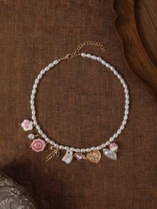 Glisma 1pc Ceramic Flower Tea Cup & Bow Heart Pendant Necklace For Women, Faux Pearl Beaded Charm Necklace, Charm Jewelry, Lucky Charm Necklace (Handmade Ceramic With Random Color & Pattern) - Multicolor - View 2
