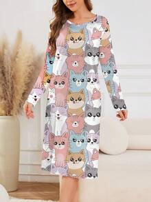 可爱猫咪印花女士睡衣，休闲长袖针织女士睡袍连衣裙，圆领长裙女士睡衣家居服，春秋冬 - 彩色 - 查看 1