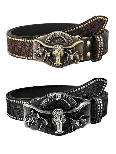 1条男士经典牛头马头西部牛仔时尚中性腰带摩托车骑行街头朋克风格男士西部腰带