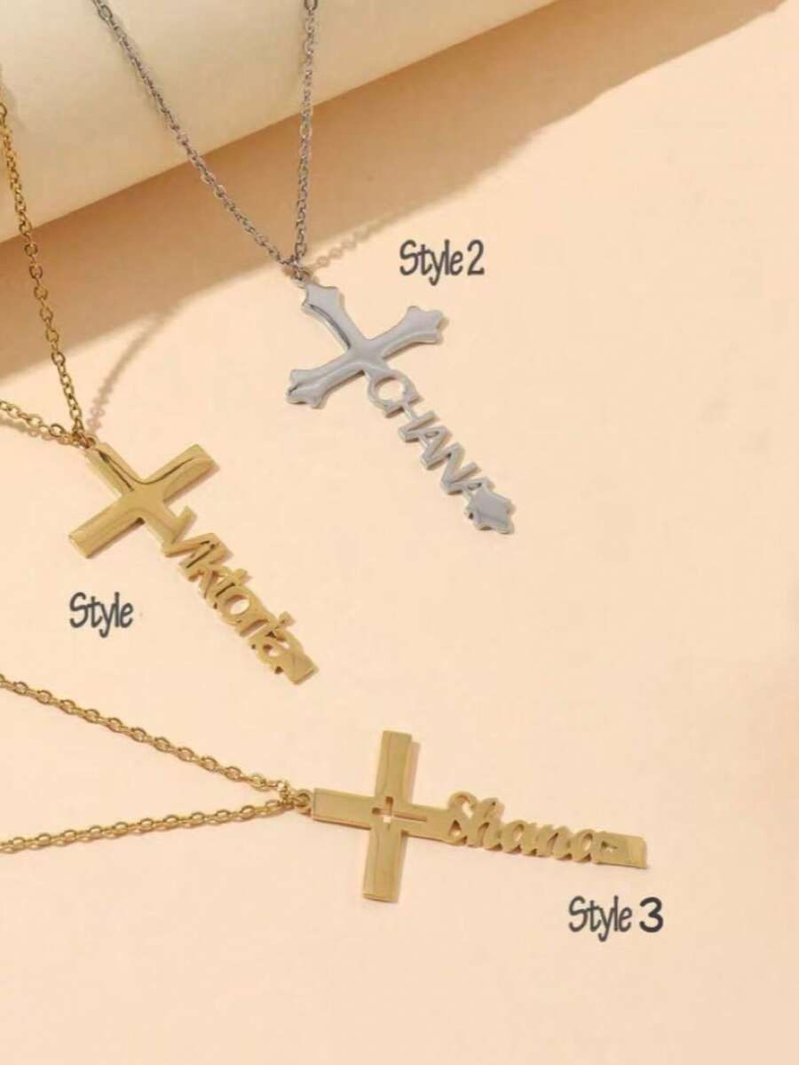 One Personalized Cross Name Necklace, Available In Various Styles With Customizable Text, Made Of Stainless Steel, Unisex, A Perfect Gift For Birthdays Or Valentine's Day. - Multicolor - View 1