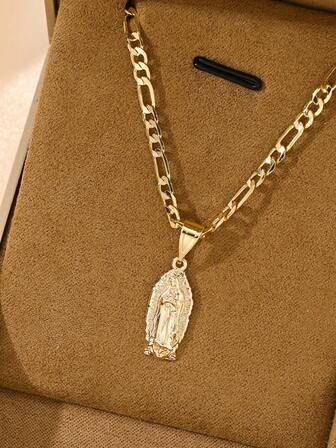 1件欧美风新款铜质低敏时尚信仰小巧项链，适合叠戴组合，心形瓜达卢佩圣母玛利亚吊坠项链，适合作为圣诞节/感恩节/万圣节/母亲节/情人节礼物送给情侣/朋友/教父母，天主教初领圣体礼物，日常及节日佩戴祈祷。