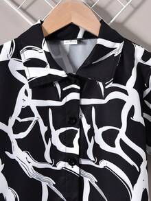 Vihyde Boys' Black & White Print Short Sleeve Casual Shirt & Shorts 2-Piece Set, Suitable For Commuting, School, Daily Casual Outings, Spring/Summer Vacation Season (T-Shirt Not Included) - Black and White - View 3