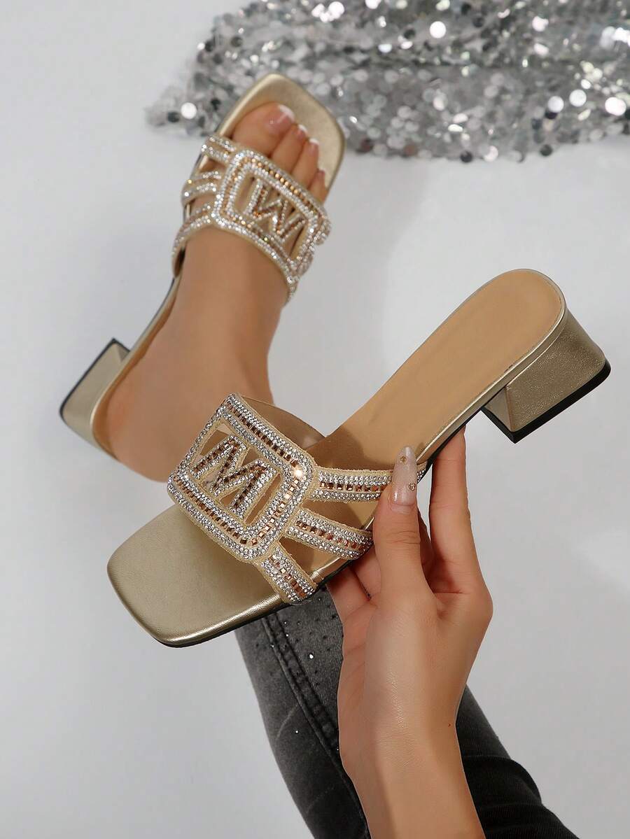 Sandali con tacco largo da donna, sandali slip-on con cinturini gioiello alla moda, adatti per appuntamenti, shopping, feste, riunioni, pendolarismo, lavoro, outfit primaverili ed estivi - Dorato - Visualizzare 1
