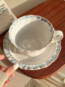 1 Juego de Taza y Platillo de Estilo Retro Azul Humo Transformado en Horno - Tazas de Cerámica Elegantes, Aptas para Café, Té y Latte | Encantadora Vajilla Retro, Taza de Café y Platillo de Alto Valor, Adecuado para Uso Doméstico y de Cafetería