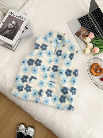 Women's Casual Warm Jacket, Floral Sherpa Fleece Zip-Up High Collar Vest, Winter