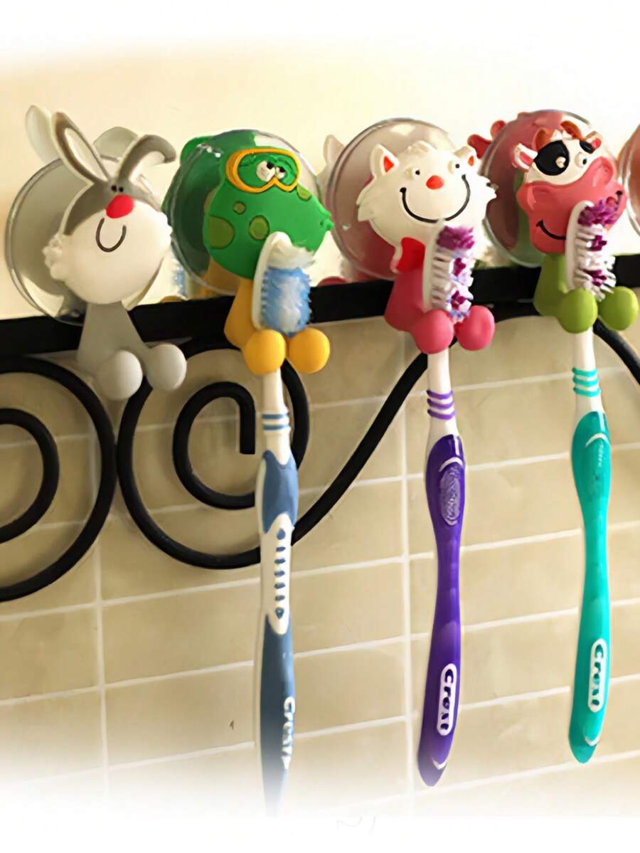 4 piezas Soporte para cepillo de dientes de dibujos animales lindos, estante para cepillo de dientes con ventosa para baño, soporte de silicona para cepillo de dientes, soporte para cepillo de dientes con ventosa de dibujos animados, soporte para un solo cepillo de dientes con gancho adhesivo - Multicolor - Ver 1