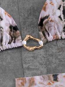 3pcs Wavy Kiss New Women's Tie-Dye Bikini Set, With Metal Ring Detail And Mesh Coverup, Elegant Vintage Watercolor Print Swimwear Beach Vacation White - White - View 9