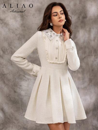 Elegante Lapel Rhinestoned ate Cinched Waist Milky Wit Suit Dress, Modest, Fall, Everyday Wear, Wedding Guest Dress Women, Event, Old Money Court Outfit, Shiny view 4