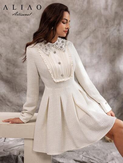 Elegante Lapel Rhinestoned ate Cinched Waist Milky Wit Suit Dress, Modest, Fall, Everyday Wear, Wedding Guest Dress Women, Event, Old Money Court Outfit, Shiny