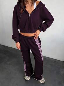 Women's Two-Piece Set Hooded Zip Up Cropped Sweatshirt  Wide Leg Pants, Casual Athletic Loungewear Outfit - 酒紅色 - 查看 2