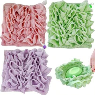 3Pcs 2-In-1 Bath Loofah Sponge Washcloth Soft Loofah And Washcloth Green+Purple+Pink PE+ Terry Cloth Traditional Style