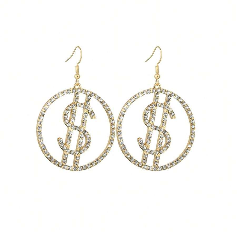Sparkly Crystal Dollar Sign Dangle Earrings For Women - Creative CZ Charm Glitter Rhinestone Money Hook Earrings - Statement Exaggerated Rhinestone Earrings{Inchcolor_nameinch:InchGoldinch} - Gold - 查看 1