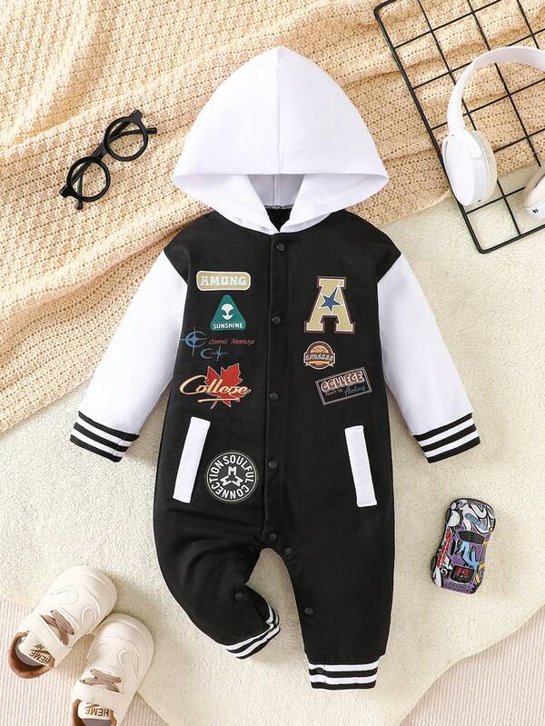 Street-Style Letter & Motif Graphic Sweatshirt, Raglan Sleeved Hooded Jumpsuit, Casual Spring/Autumn