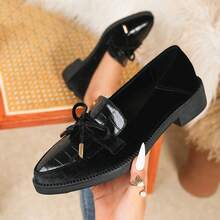 Zapatos planos para mujer con moño, estilo universitario, elegante, de moda, versátil, casual, bohemio, suela gruesa, punta puntiaguda, tacón de bloque, adecuado para oficina, fiesta, vacaciones, interior y exterior, todo el año, mocasines - Negro - Ver 4