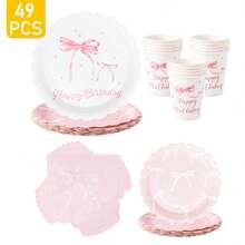 Pink Bow Disposable Plate, Napkin, Cup Set, Plates, Napkins And Cups Party Supplies, Serves 8 Guests, Disposable Paper Plates Party Tableware Suitable For Birthday, Wedding, Theme Party, Family Picnic - Multicolor - View 1