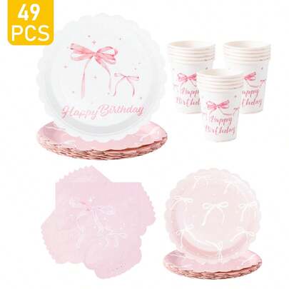 Pink Bow Disposable Plate, Napkin, Cup Set, Plates, Napkins And Cups Party Supplies, Serves 8 Guests, Disposable Paper Plates Party Tableware Suitable For Birthday, Wedding, Theme Party, Family Picnic